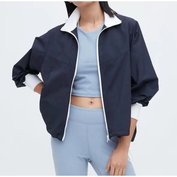 JW Anderson X UNIQLO Ribbed Casual Jacket Navy Blue Lightweight Nylon Womens 12 - Picture 1 of 12